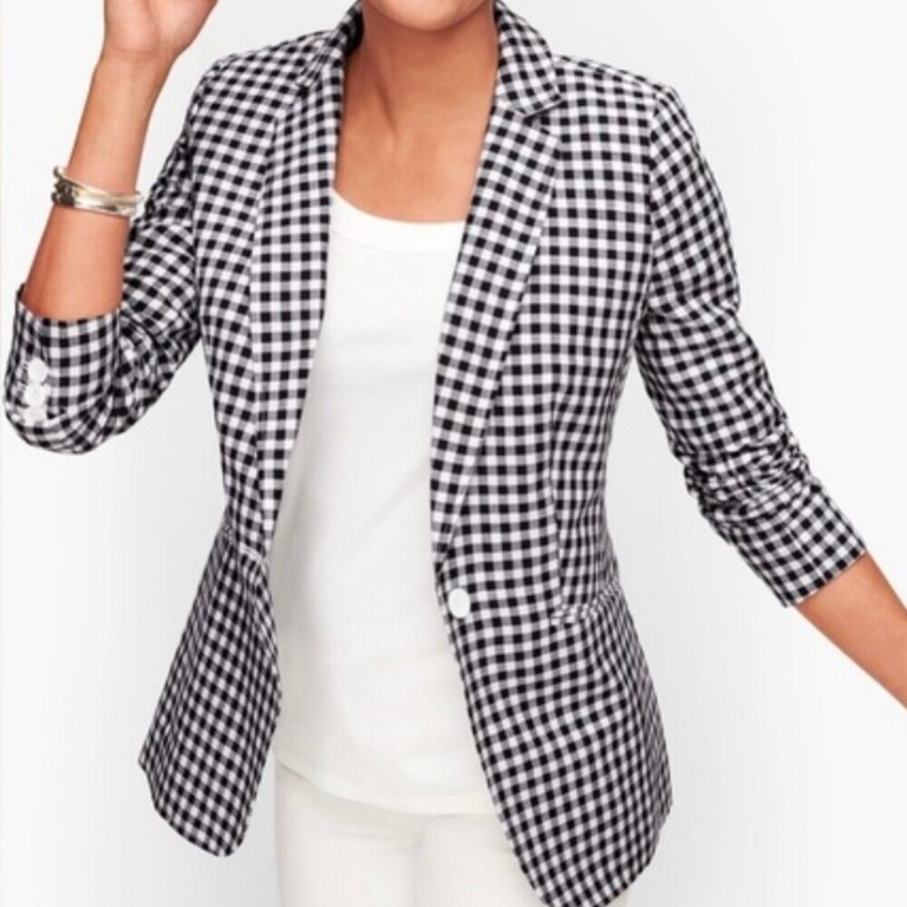 Talbots Gingham Linen Cotton Blend Blazer Jacket Women's 10 Black White